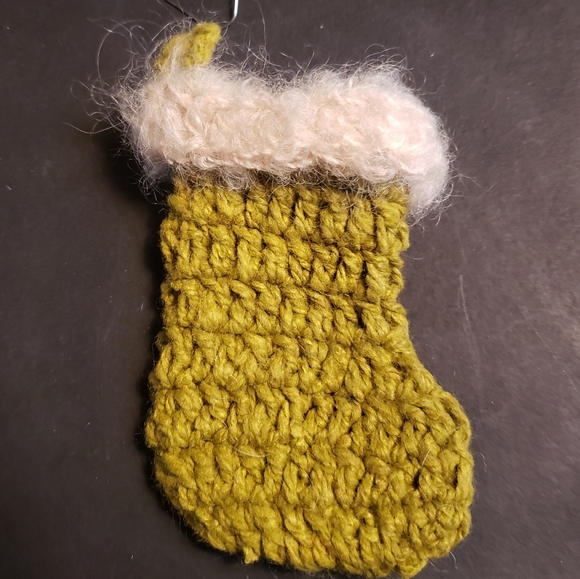 Hand Crafted Crochet Mohair Trimmed Green Stocking Ornament - Picture 2 of 4